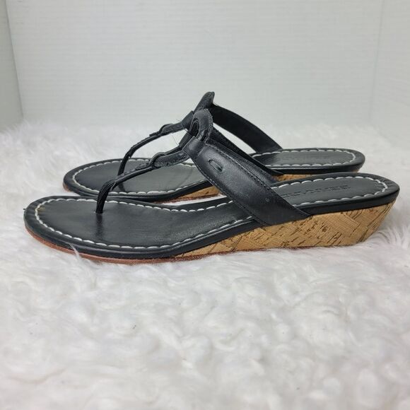 Bernardo Matrix Womens Size 8.5 Mini Wedge  Black Leather Thong Sandals - Picture 3 of 9